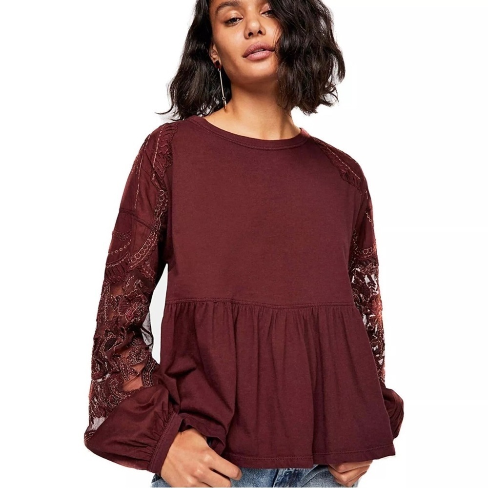 Free People Red Wine Embroidered Penny Tee Mesh Balloon Sleeve Top Size S